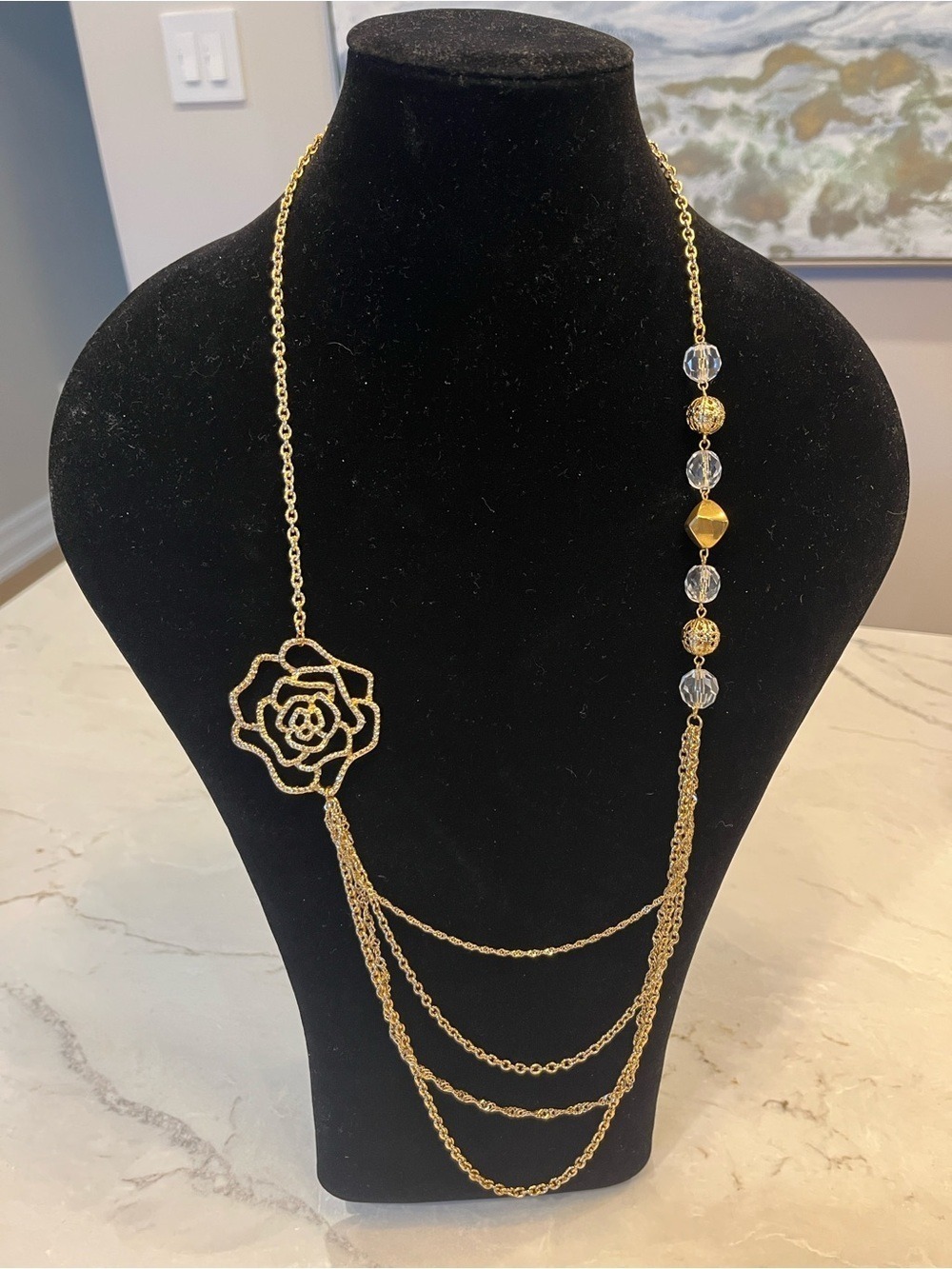 Gold Floral Lariat Necklace with Beaded Accent